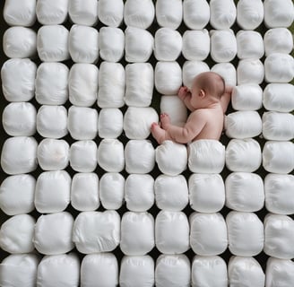 Two stacks of diapers are placed on grass, one stack features colorful, patterned reusable cloth diapers, and the other consists of plain white disposable diapers. The background includes green foliage.