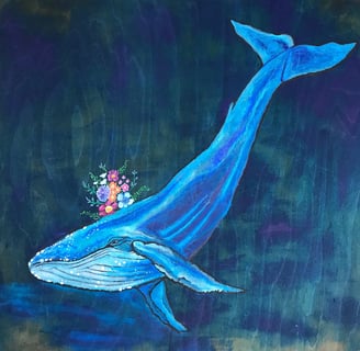 a painting of a humpback whale wearing a flower crown