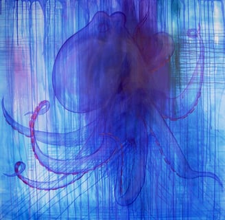 a painting of an octopus in a blue and purple background