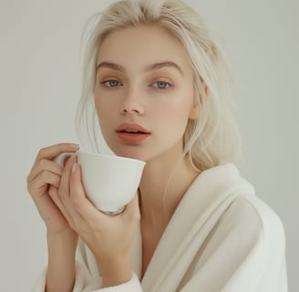 a woman in a white robe holding a cup of coffee