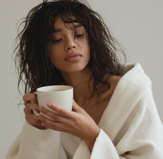 a woman in a white robe is holding a cup of coffee