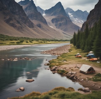 A rustic, makeshift shelter is parked on a dirt ground, covered partially with a yellow tarpaulin. Nearby, a sign indicates the acceptance of digital payments through Paytm. The backdrop features a serene landscape with distant mountains under a clear, darkening sky.