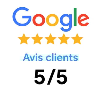image montrant le logo google avec 5 etoiles avec écrit "Avis clients" en dessous ainsi que 5/5 