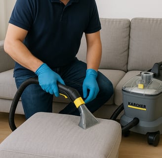agent de netteyage clean'g en train de nettoyer un canapé à Rennes
