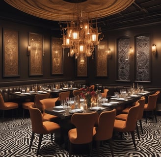A beautifully decorated restaurant interior showcases elegant table settings with plates, cutlery, and wine glasses on a glossy wooden table. Burgundy curtains and an abundance of greenery hang from the ceiling, adding a touch of sophistication. Stylish chairs and artistic décor, including a zebra print and ornamental lighting fixtures, enhance the ambiance.