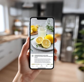 mão segurando um smartphone que mostra uma postagem do Instagram com a imagem de limões e um copo