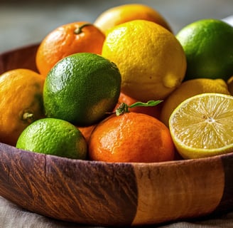 Um prato de madeira contento frutos ácidos, laranjas, limões e tangerinas