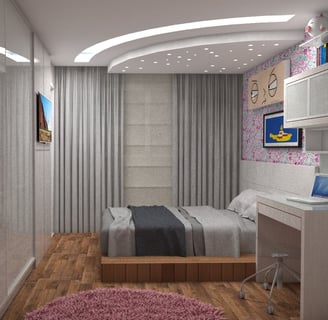 a bedroom with a bed and a desk