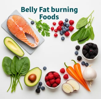 Colorful arrangement of belly fat burning foods including salmon, avocado, berries, and leafy greens