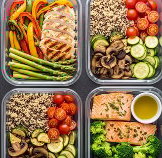 a meal of vegetables and meats in containers