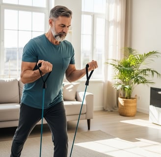 a man in a blue shirt is holding a resistance band