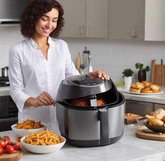 A modern kitchen counter featuring a variety of cooking appliances and utensils. A blue electric kettle and a metallic toaster are placed on the countertop alongside a stand holding cooking utensils. The design includes sleek cabinetry and a smooth, reflective surface with a neutral-toned backsplash.