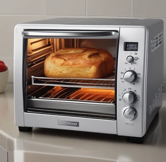 An oven with large silver knobs is partially covered with a purple towel hanging over its handle. There is a white appliance with attached cables on the left, possibly an electric kettle or air purifier, resting on a countertop.
