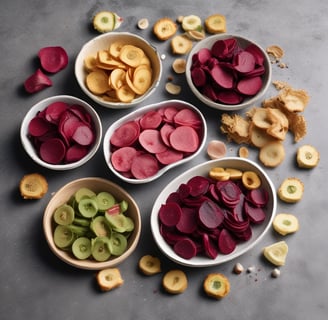 A plate filled with a colorful array of dried fruits, including orange slices, apple chips, kiwi slices, figs, banana chips, and sweet potato slices, all arranged in an appealing manner.