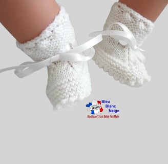 chaussons blancs tricot laine bb fait main
