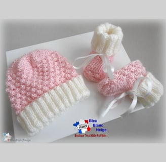 Bonnet et chaussons layette bébé bleublancneige