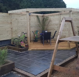 garden transformation, privacy screens, corner deck, pergola, limestone paving, sleeper planters