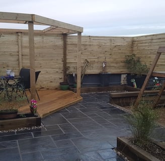 garden transformation, privacy screens, corner deck, pergola, limestone paving, sleeper planters