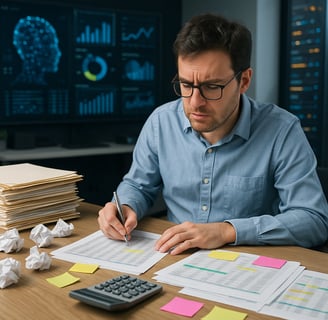 a man sitting at a desk with a calculator