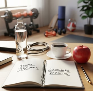 Fotografía realista de una mesa de trabajo con un cuaderno abierto donde se ven objetivos escritos