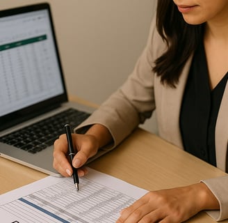Woman reconciling bank and credit card statements