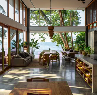 Interior de residencia tropical frente al mar con diseño abierto y materiales naturales en la Rivier