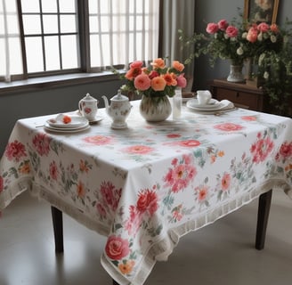 An elegantly set dining table with ornate golden decorative plates, glassware, and silverware arranged on an intricate white lace tablecloth. A luxurious floral centerpiece composed of cream roses and festive gold foliage is positioned in the center. The table is further adorned with golden spherical ornaments placed on tall silver candlesticks, adding a touch of opulence.