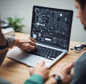 A sleek laptop with a vibrant abstract design on its screen is placed on a round, light grey table. The backdrop includes a modern architectural setting with perforated brick walls and a partially visible glass facade.