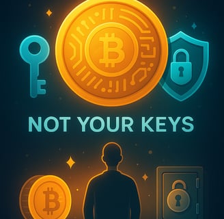 A modern digital illustration showing a glowing Bitcoin coin in the center, flanked by a blue key ic