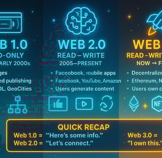 A neon-colored infographic showing the evolution from Web1 to Web3. Web1 is labeled “Read-Only” with