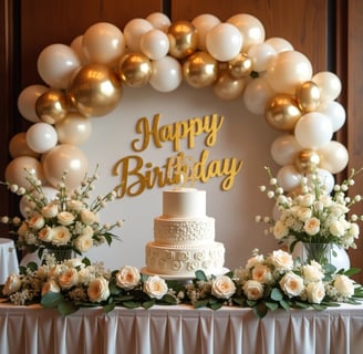 Luxury birthday cake table with white and gold decorations, neutral balloon garland, and elegant floral designs by Las Caroli