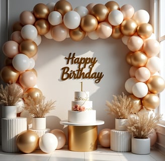 Elegant indoor birthday party setup with neutral balloon garlands, luxury floral arrangements, and gold 'Happy Birthday' back
