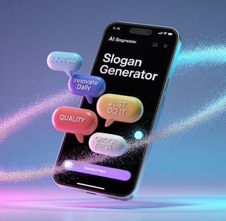 Fluxion AI's slogan generator interface on a smartphone screen showing real-time catchy tagline suggestions like 'Quality Fir