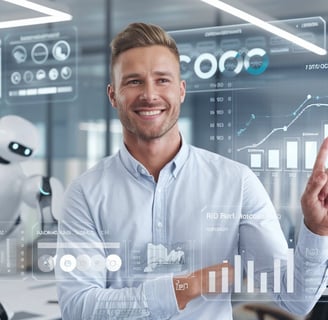 A confident business owner smiling in a modern office, pointing at a screen displaying growth charts and ROI dashboards, with