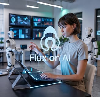 Futuristic business workspace with AI robots and humans collaborating, digital holograms, analytics dashboards, and automatio
