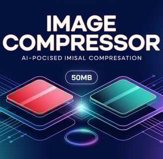 Image Compressor tool interface mockup with upload, compression progress bar, and file size output"