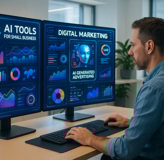 Man using AI tools for small business marketing on dual screens.