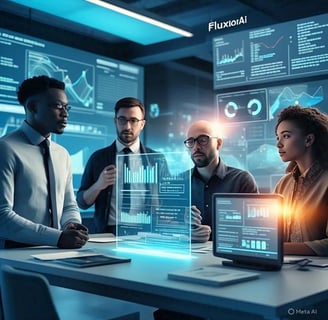AI-powered marketing team collaborating on digital branding strategy in modern office"