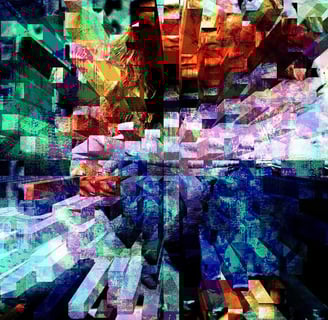 Neon glitch visual with pixel errors and broken lines