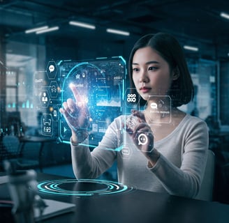 "A futuristic digital marketing concept scene showing a person using a holographic screen with AI icons like ChatGPT, Google 