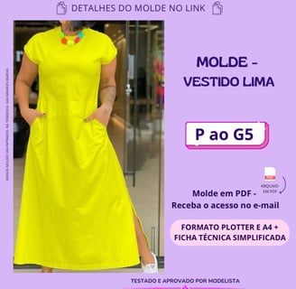 Molde de roupa em pdf - vestido lima plus size manga e comprido com fenda na perna despojado para o verão