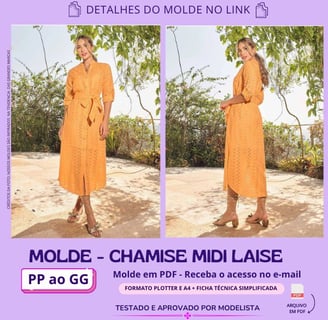 Molde de roupa em pdf - chamise midi laise vestido de lési com amarração e botões