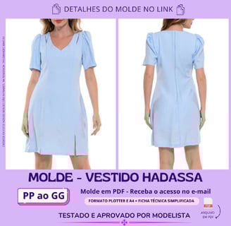 Molde de roupa em pdf - Vestido simples com manga bufante azul com fenda na perna e no ombo ziper atrás