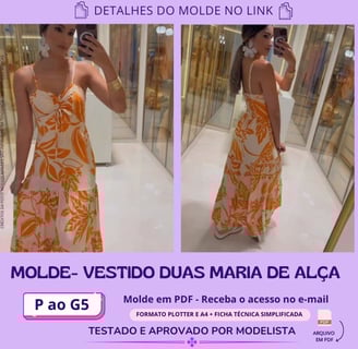 Molde de roupa em pdf - vestido duas maria de alça elegante e fresco para o verão estampado laranja comprido