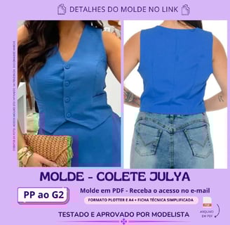 Molde de roupa em pdf para imprimir - Colete com botões gola V regata cavado azul com botões encapados alfaiataria