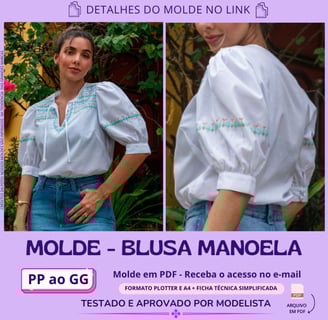 Molde de roupa em pdf - blusa manoela manga bufante tecido leve maga 3/4 com amarração no decote moda verão social