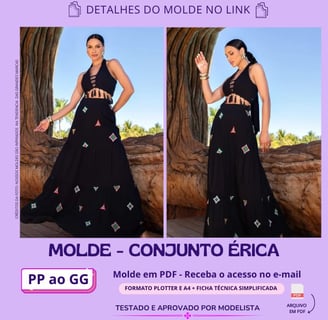 Molde de roupa em pdf - conjunto érica com saia longa de babados 3 marias e cropped com franja estilo hippie elegante verão