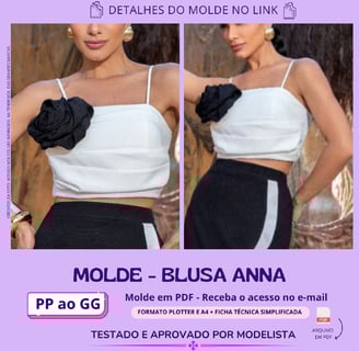 Molde de roupa em pdf - blusa anna com alça e flor no busto elegante moda verão feminina