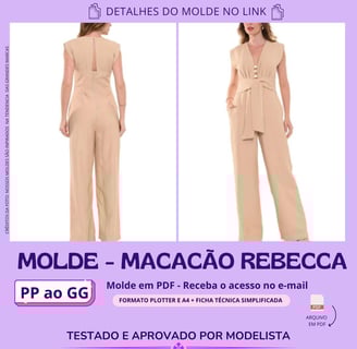 Molde de roupa em pdf - Macacão Rebecca elegante verão bege nude com amarração na frente botões e decote V