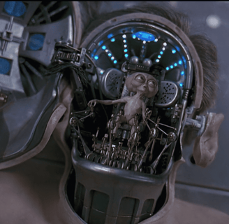Men in Black alien brain controller, symbolizing the concept of the human brain as an independent entity or flesh mech pilot